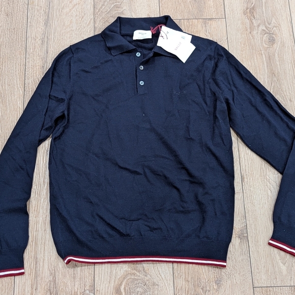 $600 Mens Bally Logo Merino Wool Polo Sweater Navy 48 US 38 - Picture 1 of 8